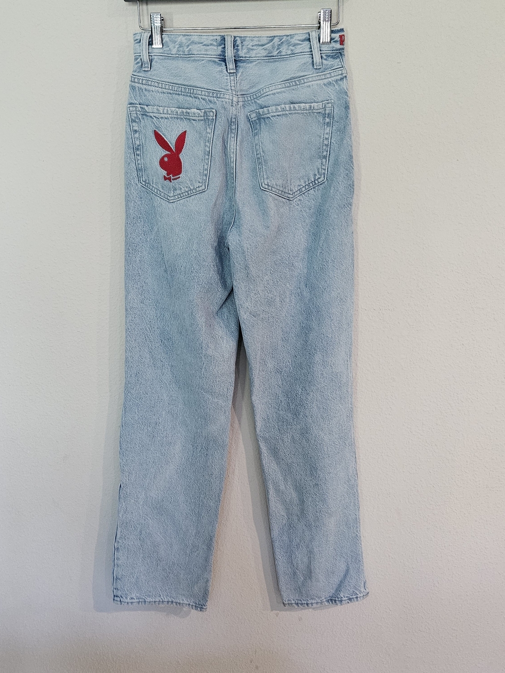 PLAYBOY Distressed Light Wash Blue Jeans with Red Bunny Patch Sz 26